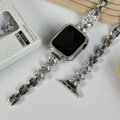 بند اپل واچ فلزی پاپیون کریستالی + گارد نگین دار (کدw5047)