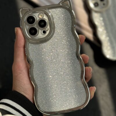 قاب موبایل آیفون گربه شاینی نقره ای گوش برجسته