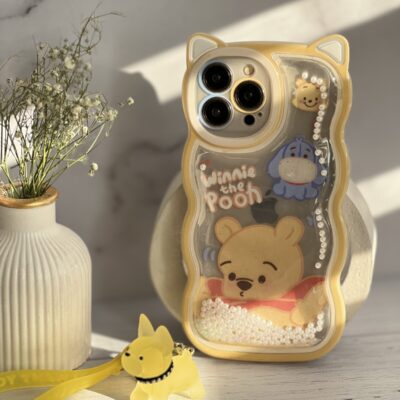 قاب موبایل آیفون خرس پو زرد آکواریومی مروارید دار گوش دار