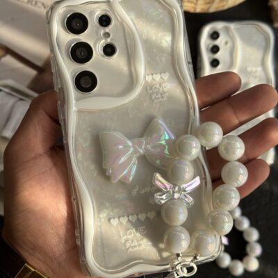 قاب موبایل ( آیفون - سامسونگ ) پاپیون هفت رنگ سفید صدفی + بندست